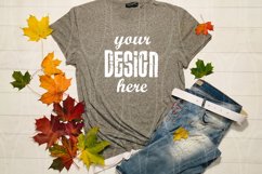 Mockup Gray T-shirt Jeans Autumn leaves Fall Thanksgiving Product Image 1