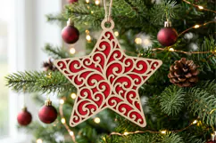 Filigree Wooden Christmas Star SVG Swirls Red Ornament Product Image 1