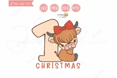 Baby Highland Cow First Christmas SVG | Sitting with Bow PNG Product Image 1