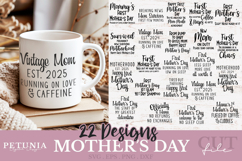 Bundle of Funny First Mother&#039;s Day SVG Designs being used as t-shirts and mugs prints