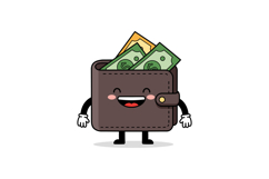 Happy cartoon wallet with money and cheerful expression in f Product Image 1