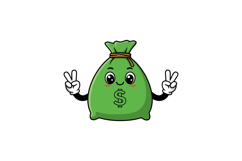 Happy cartoon money bag character with peace signs in a flat Product Image 1