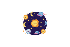 Cheerful sun and planets in a colorful night sky, minimal ve Product Image 1