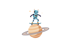 A playful robot skateboarding on a planet with rings in a fl Product Image 1