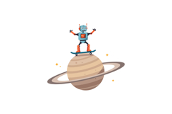 A playful robot skateboarding on a planet with rings in a fl Product Image 1
