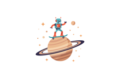 Robot skateboarding on Saturns rings in a playful flat vecto Product Image 1