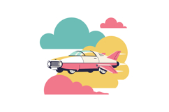 Futuristic airplane soaring through colorful clouds in flat Product Image 1