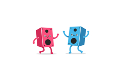 Two cheerful cartoon speakers dancing playfully in a colorfu Product Image 1