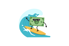 A playful dollar bill surfing on a vibrant wave in a flat ve Product Image 1