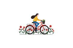 Woman riding a red bicycle with a flower basket surrounded b Product Image 1