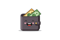 Happy cartoon wallet with cash, smiling face, flat design ve Product Image 1