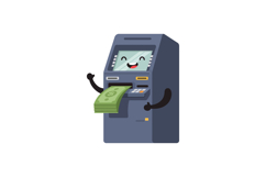 Happy ATM dispensing cash with smiling face in playful flat Product Image 1