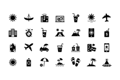 Collection of travel-themed icons featuring sun, palm trees, Product Image 1