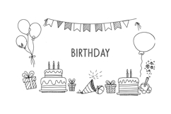 Birthday celebration scene with balloons, cakes, gifts, and Product Image 1