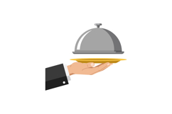 A hand presenting a silver cloche atop a golden plate in fla Product Image 1