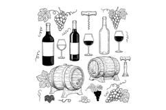 Wine bottles, glasses, and barrels in a detailed black and w Product Image 1