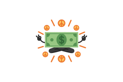 Cartoon-style dollar bill meditating with peace signs in a v Product Image 1