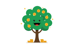 Cheerful cartoon tree with smiling face and coins, flat vect Product Image 1