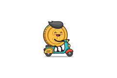 Happy cartoon coin character riding a colorful scooter in a Product Image 1