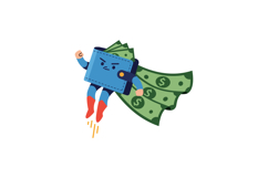 Cartoon wallet character wearing a superhero cape, flying wi Product Image 1