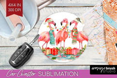 Flamingo Xmas Car Coaster Christmas Coaster PNG Sublimation Product Image 1