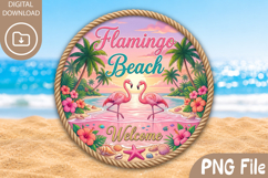 Flamingo Beach Welcome Design, Round Summer Coastal PNG Product Image 1