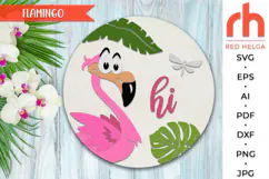 flamingo hi svg, peeking flamingo svg, flamingo silhouette, tropic bird hanger svg, welcome sign svg, summer sign dxf, seasonal door svg, round hanging sign svg, laser cut file, layered sign svg, glowforge cut file, cricut cut file, porch sign svg