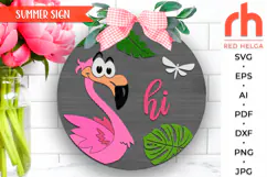 flamingo hi svg, peeking flamingo svg, flamingo silhouette, tropic bird hanger svg, welcome sign svg, summer sign dxf, seasonal door svg, round hanging sign svg, laser cut file, layered sign svg, glowforge cut file, cricut cut file, porch sign svg