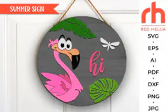 flamingo hi svg, peeking flamingo svg, flamingo silhouette, tropic bird hanger svg, welcome sign svg, summer sign dxf, seasonal door svg, round hanging sign svg, laser cut file, layered sign svg, glowforge cut file, cricut cut file, porch sign svg