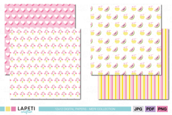 Pink flamingo scrapbook paper with tropical pineapple details and soft summer colors.