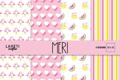 Tropical flamingo digital papers with pink hearts, watermelon slices, summer drinks and striped backgrounds.