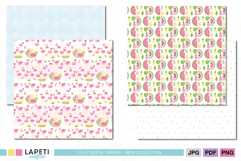 Pink flamingo scrapbook paper with tropical leaves and cute summer details for party printables.