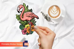 Flamingo Tropical Flowers Sticker, Cute Flamingo Sticker Product Image 1