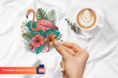 Flamingo Tropical Flowers Sticker, Summer Flamingo Sticker Product Image 1