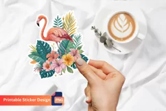 Flamingo Tropical Flowers Sticker, Summer Flamingo Sticker Product Image 1