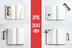 4 Flat lay of open textbook with eyeglasses white background Product Image 1