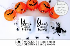 flatlay halloween mockup with 2 white mugs