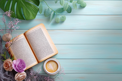 Wooden texture with Book and Coffee. JPG Mockup Background Product Image 1