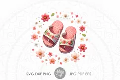 watercolor clipart shows cute little pink flip flops surrounded by small flowers as digital download