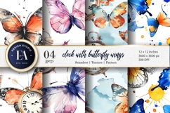 Floating Clocks with Butterfly Wings Watercolor Digital Pape Product Image 1
