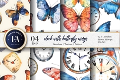 Whimsical Clocks with Wings Fantasy Watercolor Digital Paper Product Image 1