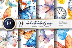Floating Clocks with Butterfly Wings Watercolor Digital Pape Product Image 1