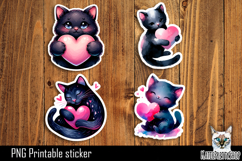 Black cat heart Stickers Printable PNG. Product Image 1