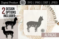 Floral Alpaca features wildflowers inside two different alpaca silhouettes. Shown on a white card. SVG, JPEG, PNG, and DXF file types available