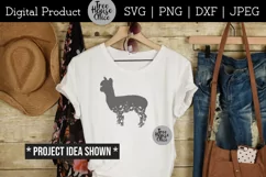 Floral alpaca silhouette shown on a white shirt with cowboy western gear.  Great for cutting in vinyl using silhouette or cricut.  SVG, JPEG, PNG, and DXF file types available