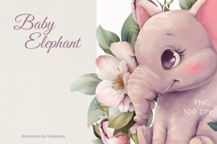 Cute Baby Elephant Floral Illustration PNG Product Image 1