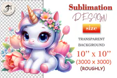 Cute baby unicorn with big blue eyes and a flower crown, perfect for sublimation and kids designs.
