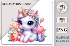 Cute baby unicorn with big blue eyes and a flower crown, perfect for sublimation and kids designs.
