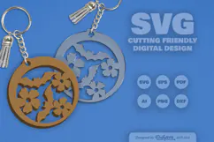 Floral Bats Halloween Round Keychain Laser Cut SVG Product Image 2