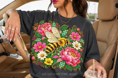 Floral Bee PNG with Pink Flowers and Gingham Leaves Product Image 2